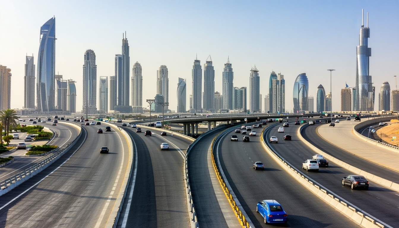 Dubai cityscape with major highways and toll routes